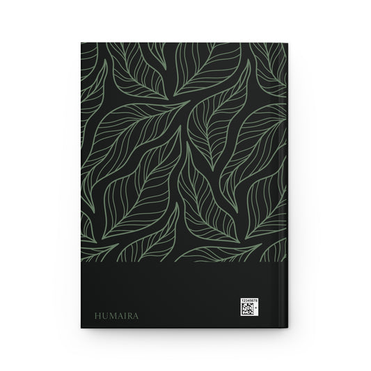 Stylish black Quran journal with repeating leaf design and personalizable name "HUMAIRA" on the back cover.