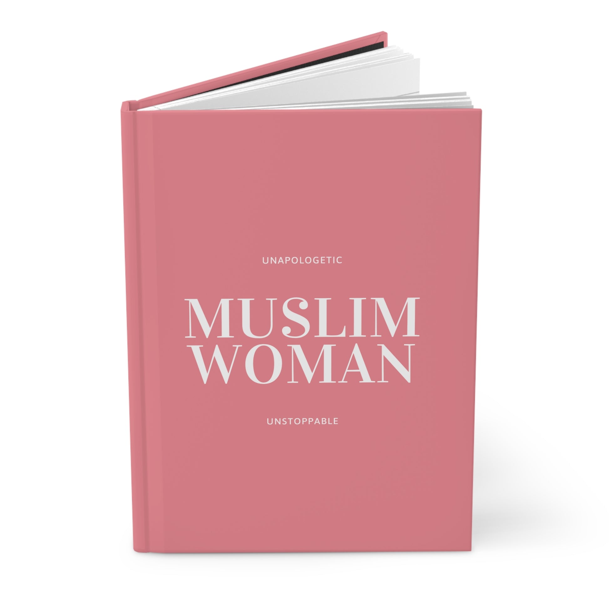 Angled view of personalizable Unapologetic Muslim Woman' journal showing depth and hardcover texture.