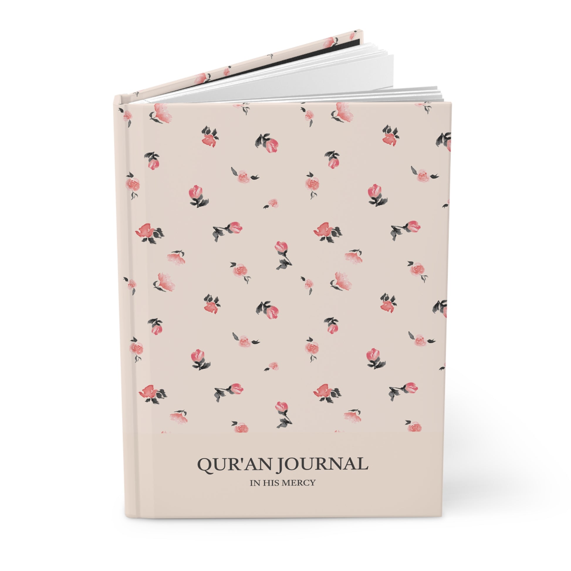 Angled view of personalizable floral Quran journal showing depth and hardcover texture.