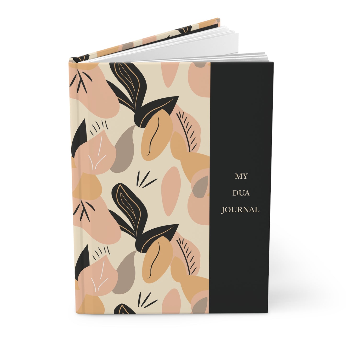 Angled view of personalizable Dua journal with abstract leaf design showing depth and hardcover texture
