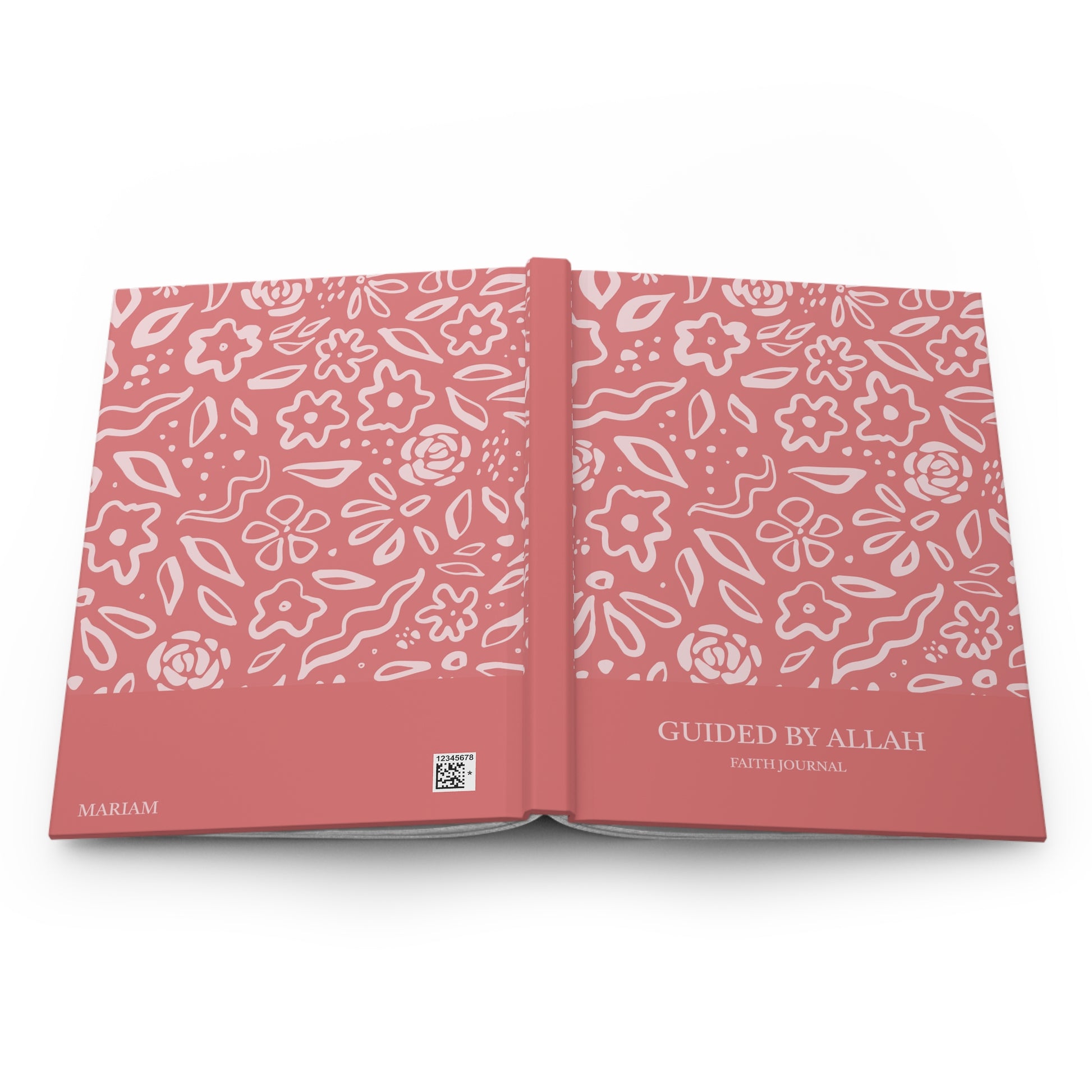 Full open layout of the Muslimah pink journal displaying front and back covers together.