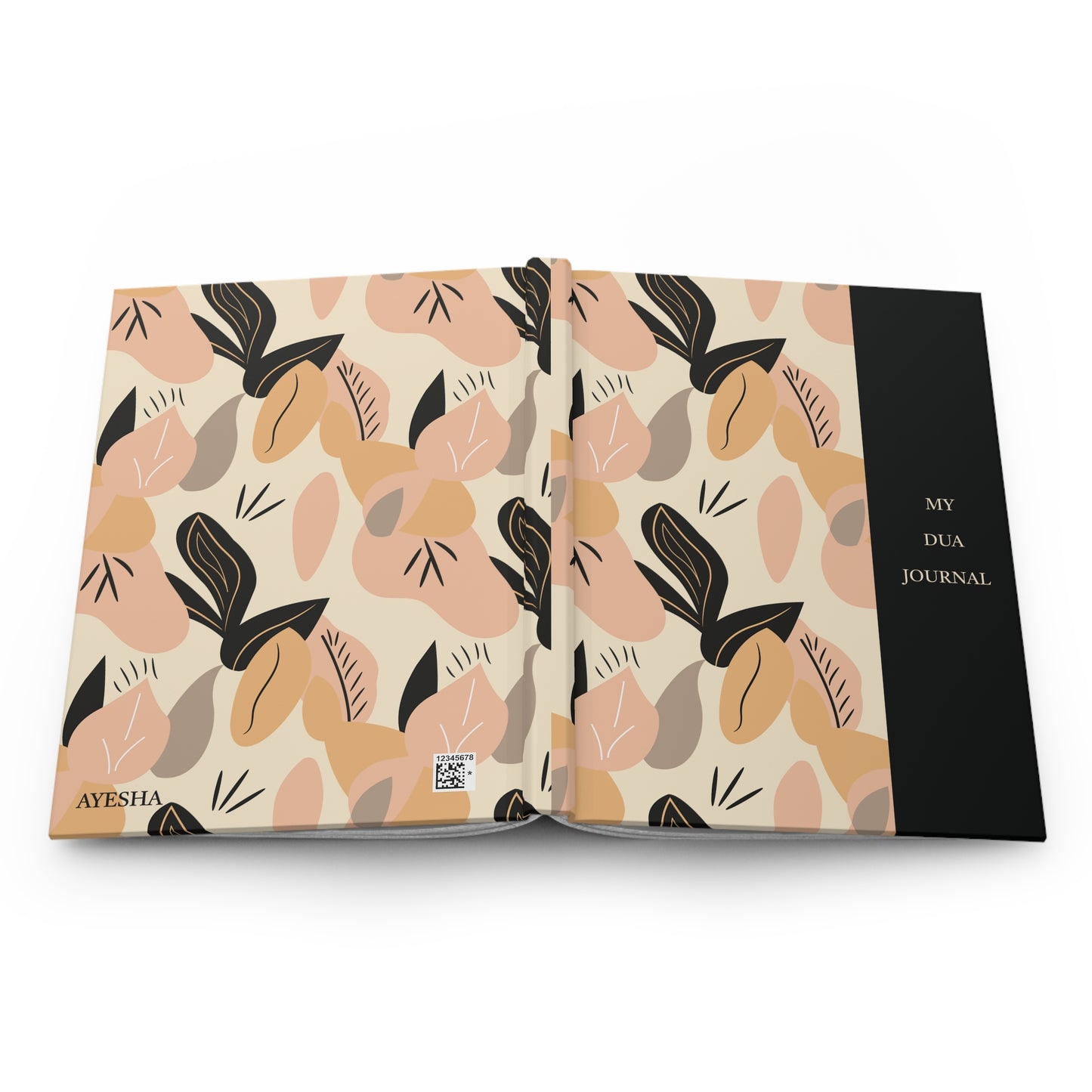 Full open layout of personalizable Dua journal with abstract leaf design displaying front and back covers together.