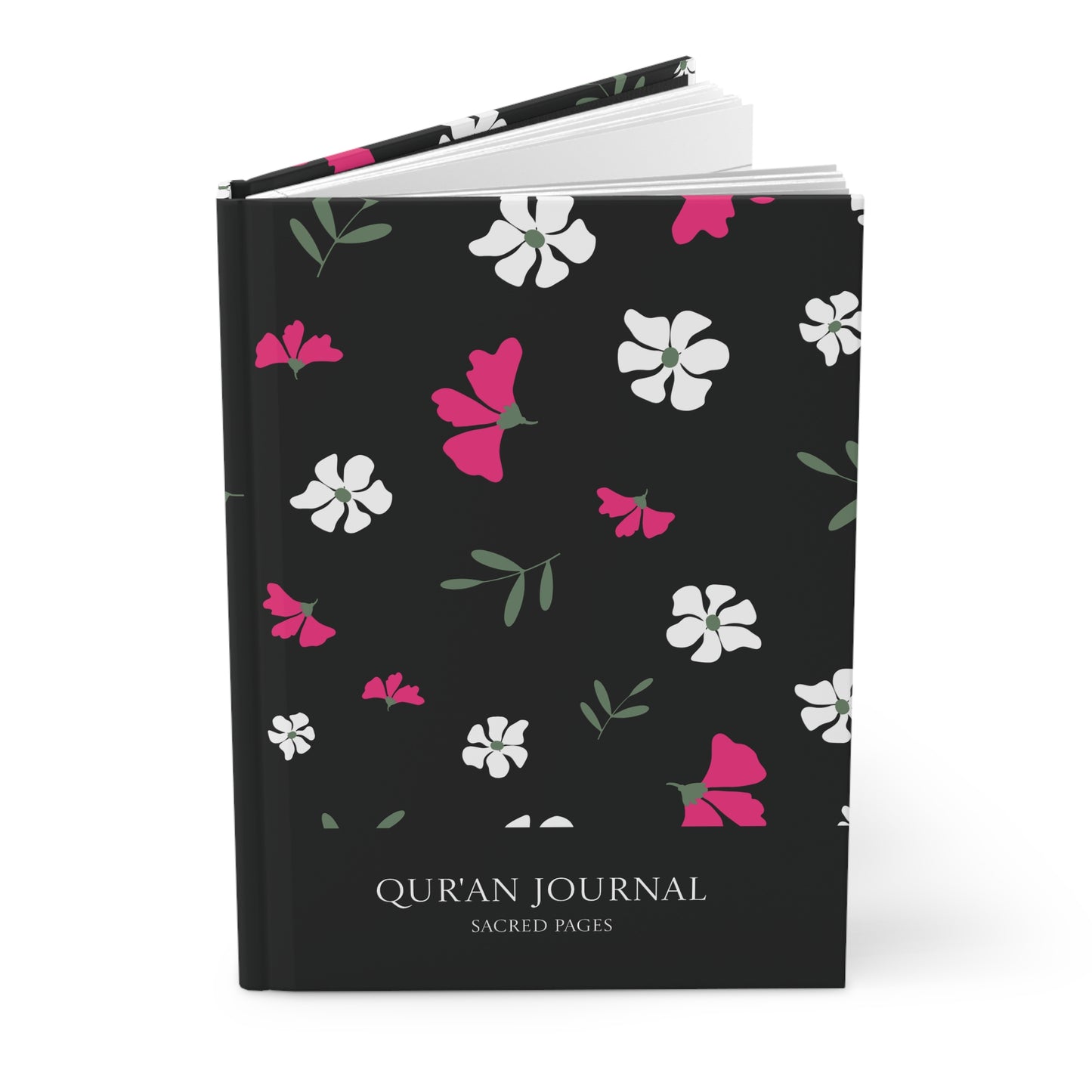 Angled view of a black Qur'an journal with vibrant floral cover and hardcover finish.