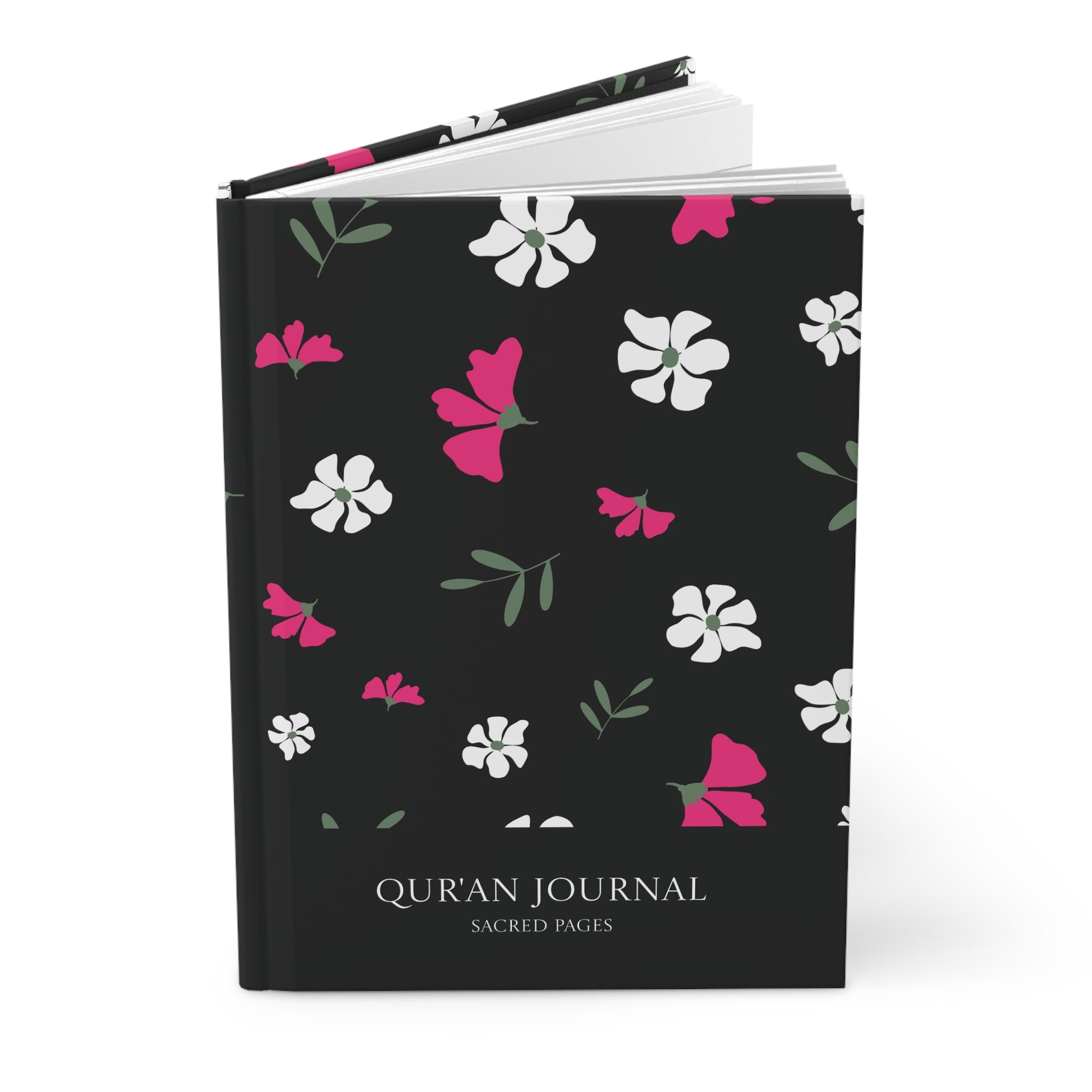 Angled view of a black Qur'an journal with vibrant floral cover and hardcover finish.