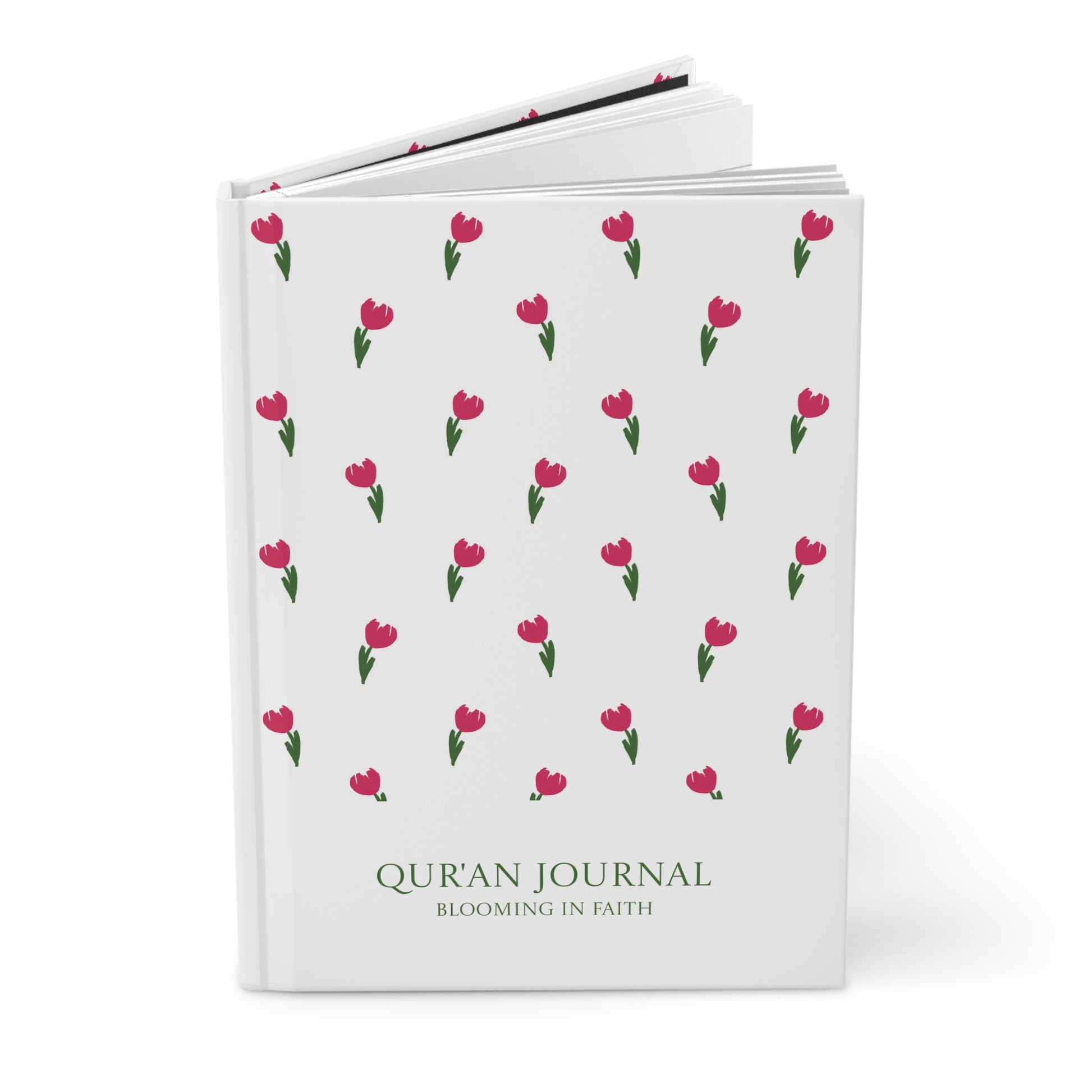 Angled view of personalizable Quran journal showing depth and hardcover texture.