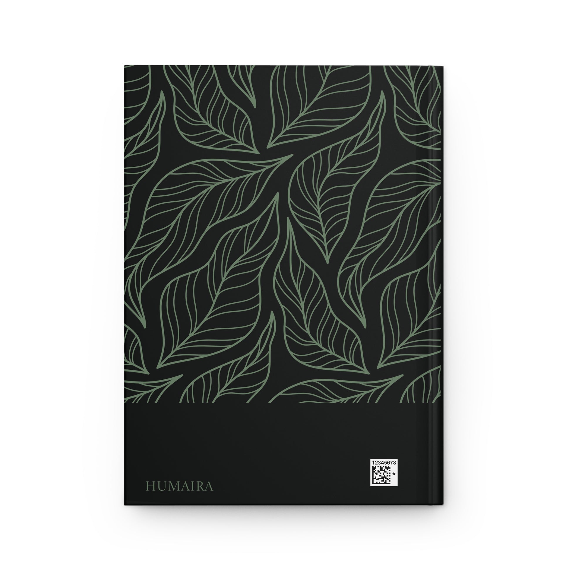 Stylish black Quran journal with repeating leaf design and personalizable name "HUMAIRA" on the back cover.