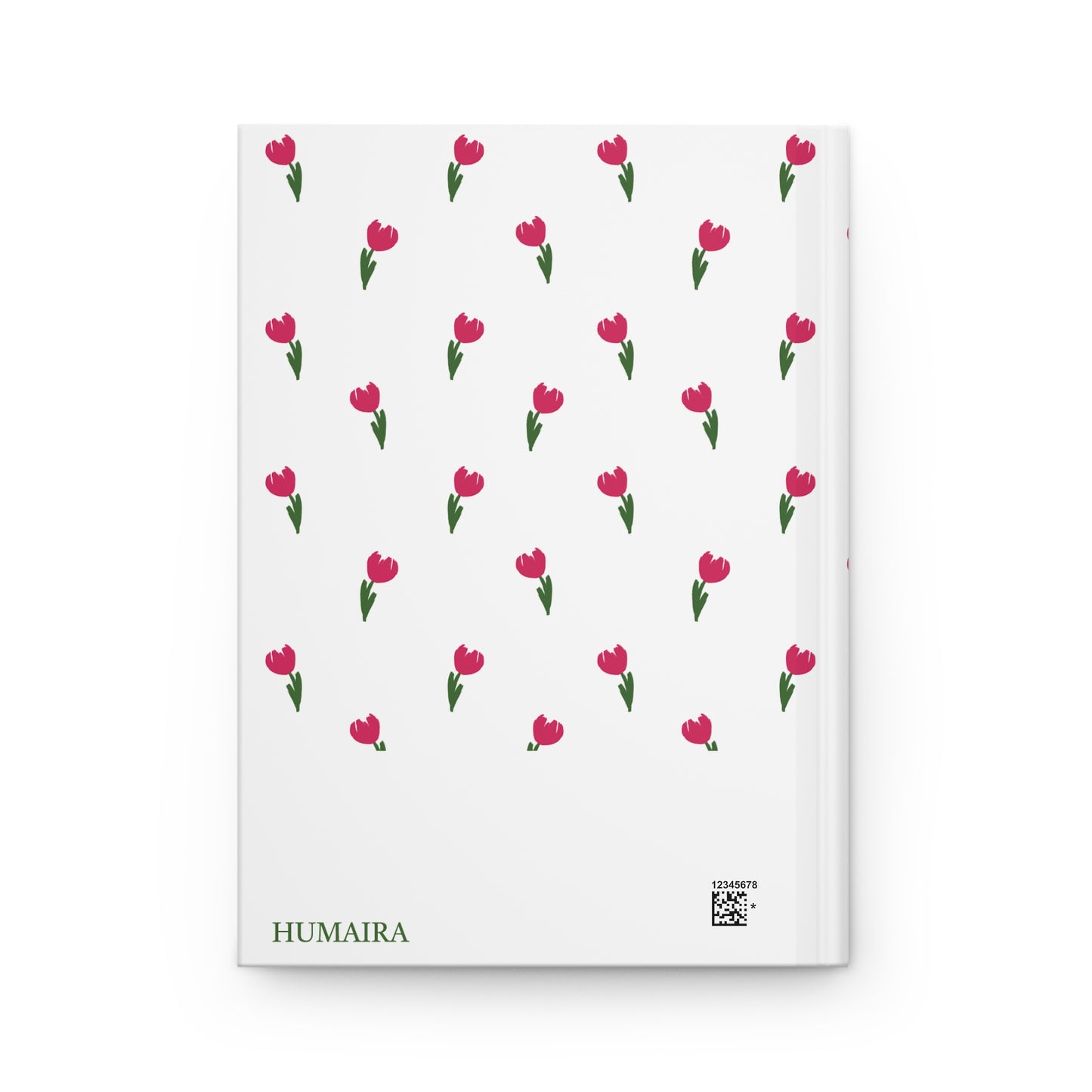 Quran journal Notebook with tulips pattern on a white cover, featuring the personalization name 'Humaira'.