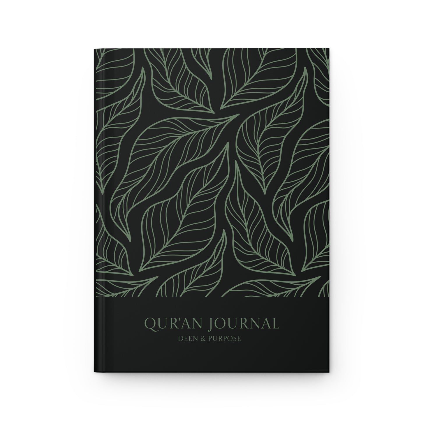 Front cover of a black and sage green Quran journal with elegant leaf pattern and Deen & Purpose title.