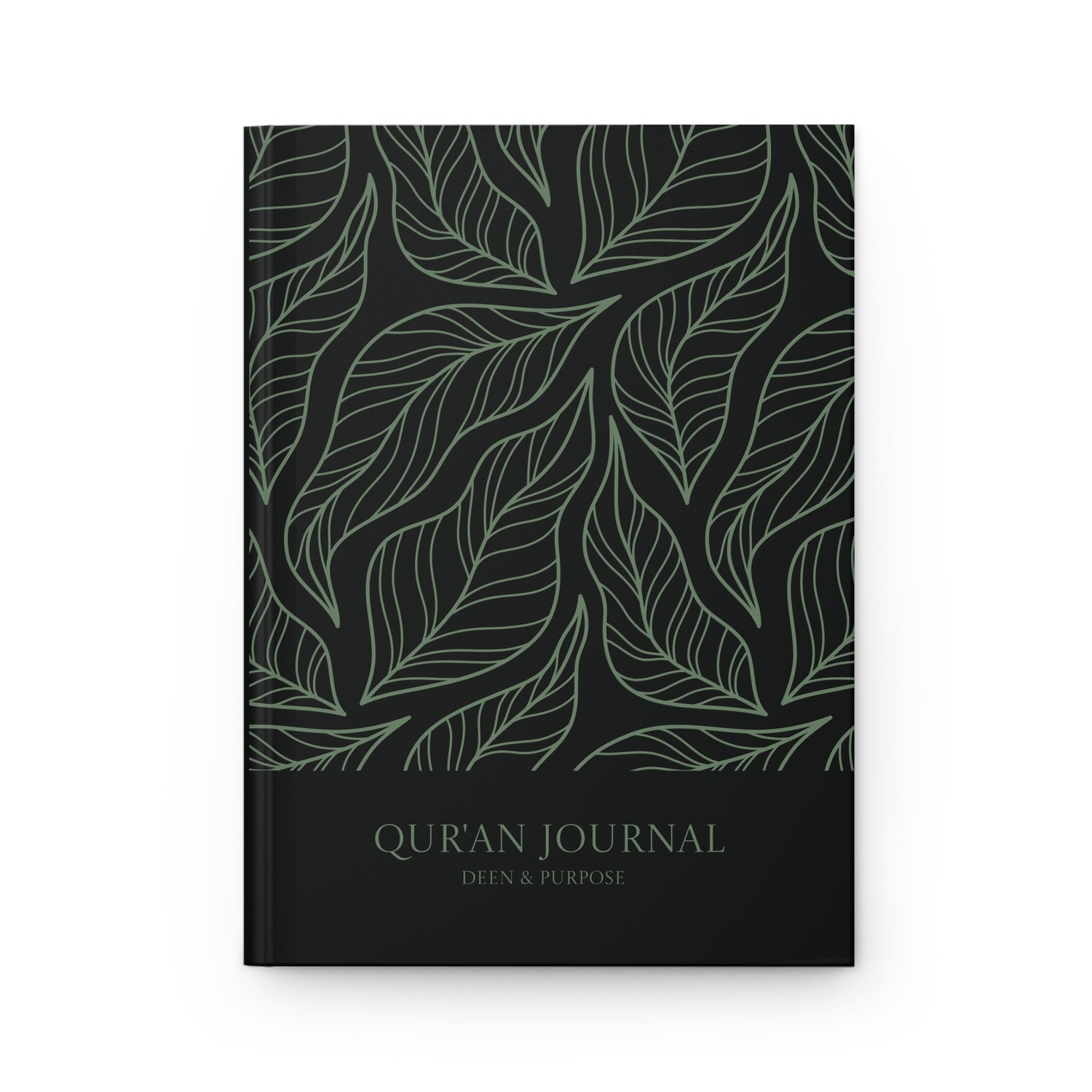 Front cover of a black and sage green Quran journal with elegant leaf pattern and Deen & Purpose title.