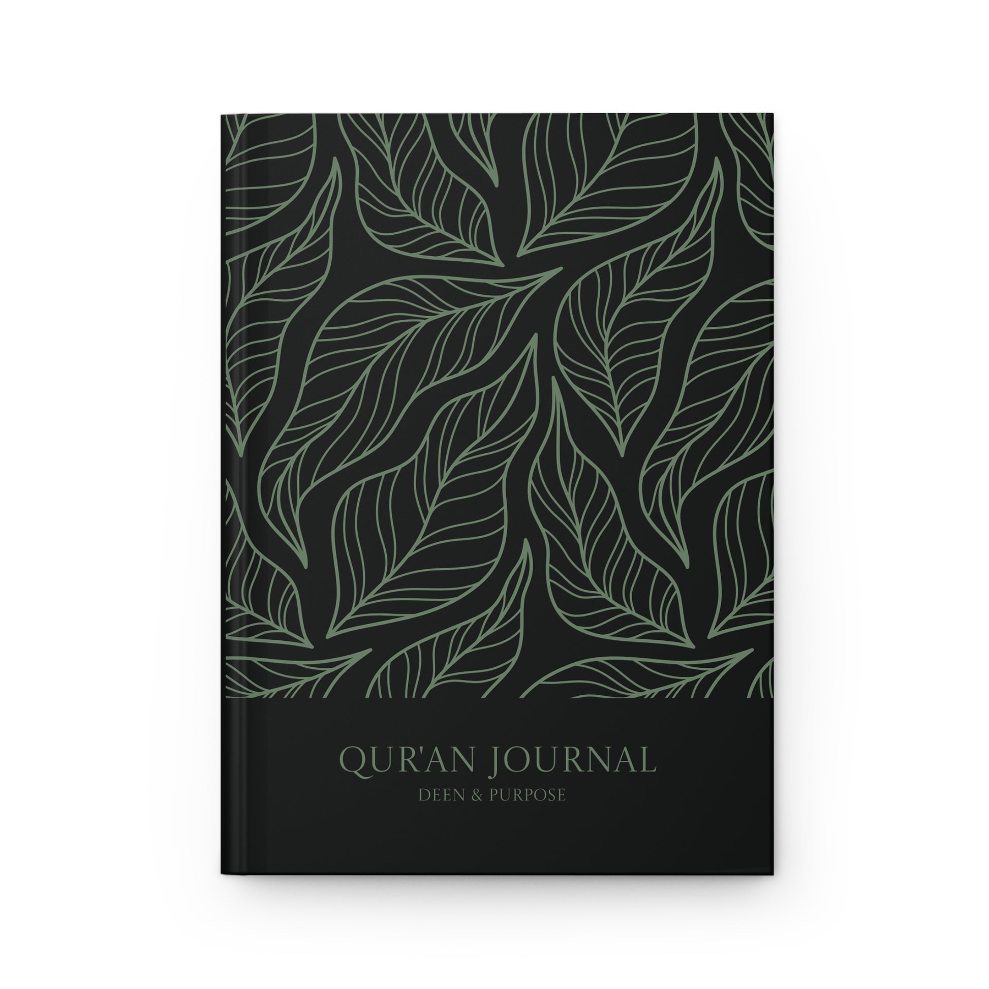 Front cover of a black and sage green Quran journal with elegant leaf pattern and Deen & Purpose title.