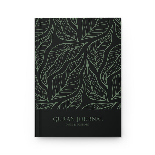 Front cover of a black and sage green Quran journal with elegant leaf pattern and Deen & Purpose title.