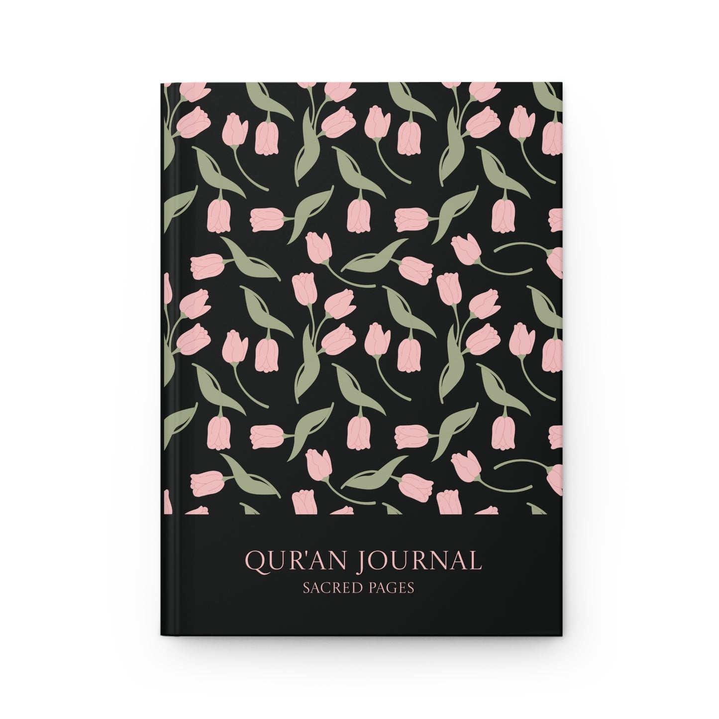 Front cover of a black Quran journal with pink tulip pattern and Sacred Pages title.