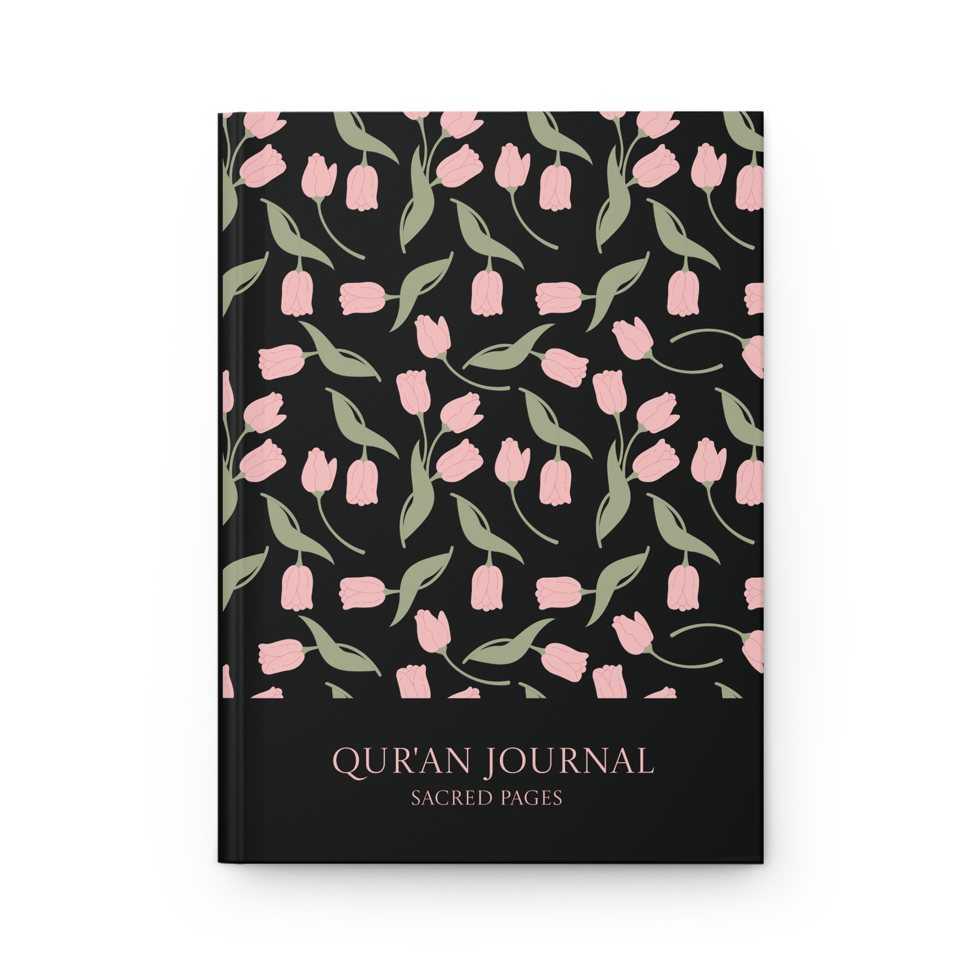 Front cover of a black Quran journal with pink tulip pattern and Sacred Pages title.