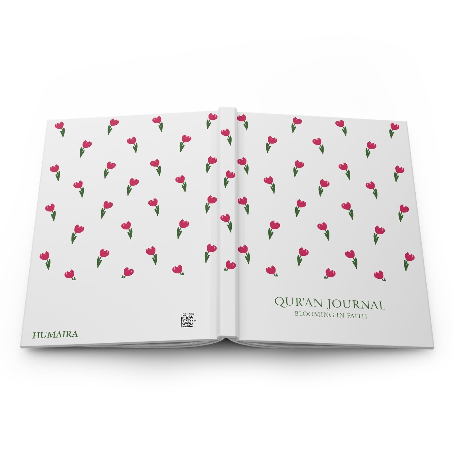 Full open layout of the Quran journal displaying front and back covers together.