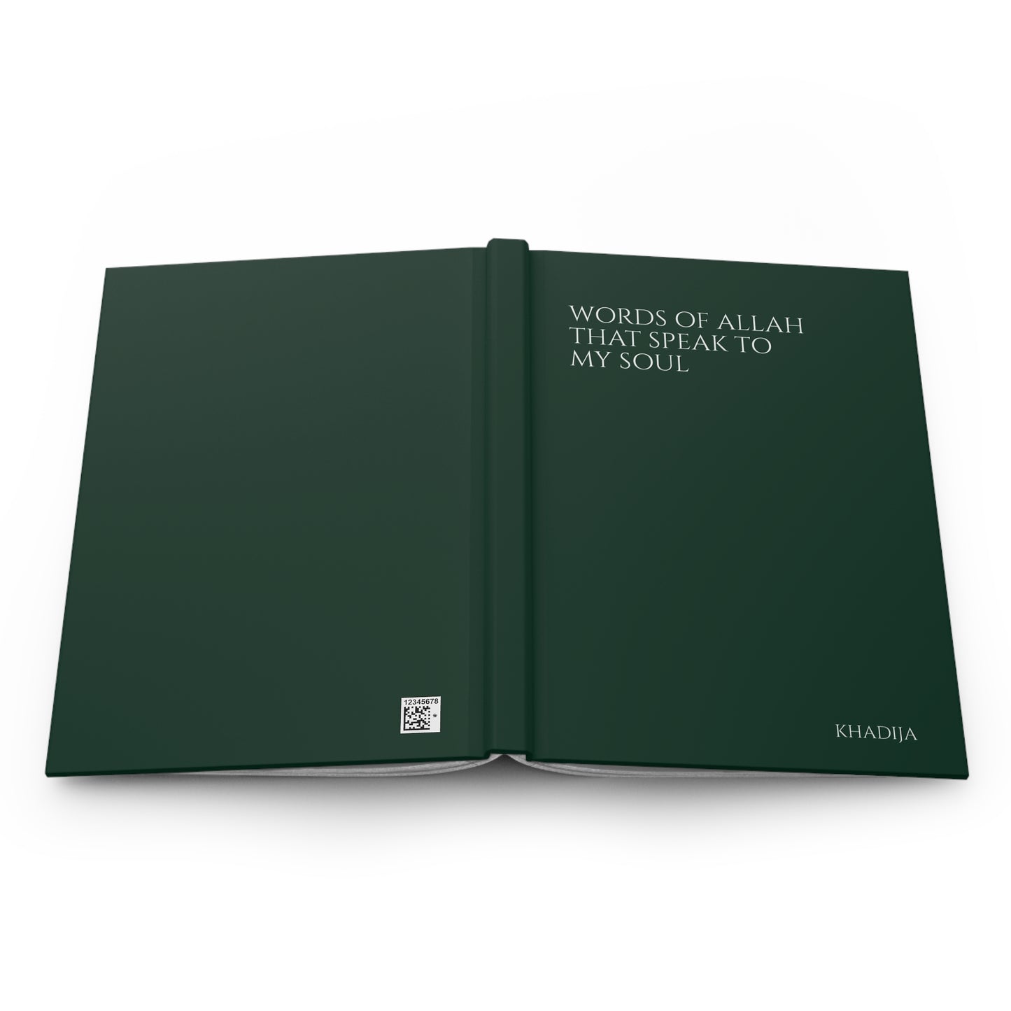 Full product view of a dark green Quran journal with personalized cover text.