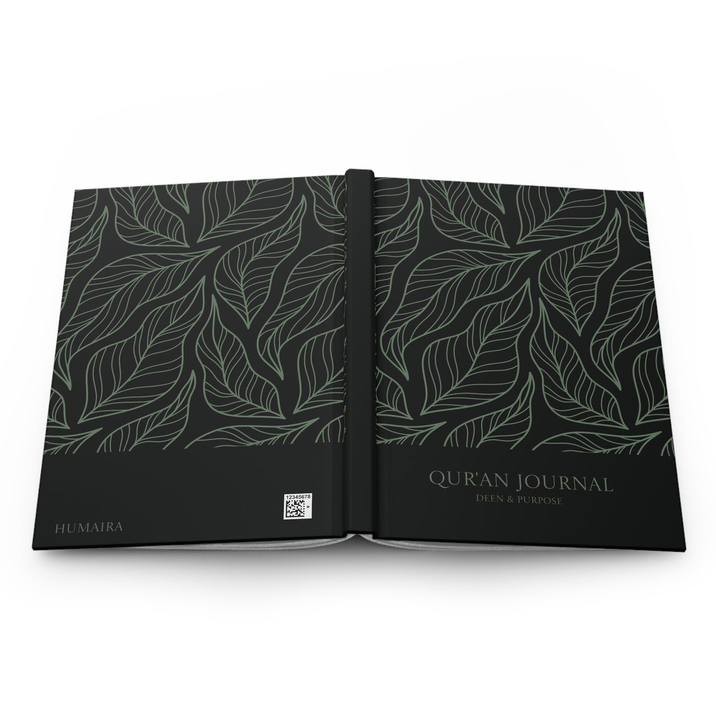 Full product view of a black and green Quran journal with decorative leaf pattern.
