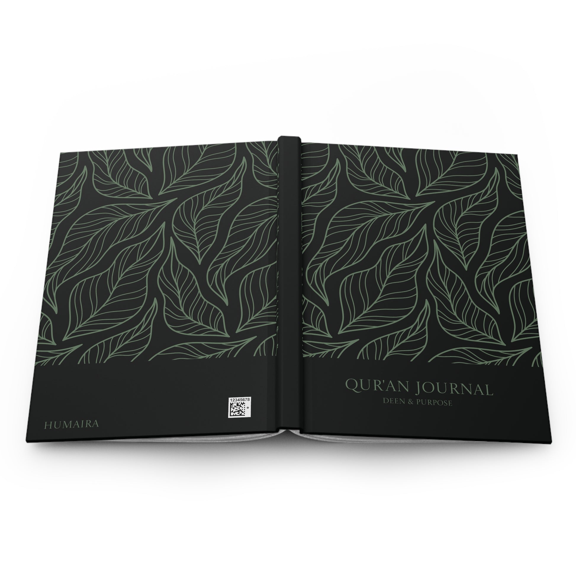 Full product view of a black and green Quran journal with decorative leaf pattern.