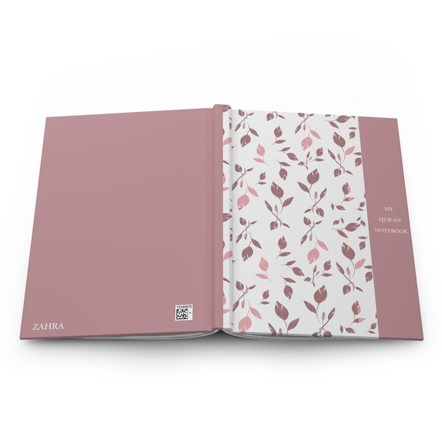 Full product view of a Quran notebook with delicate leaf pattern and blush accent spine.