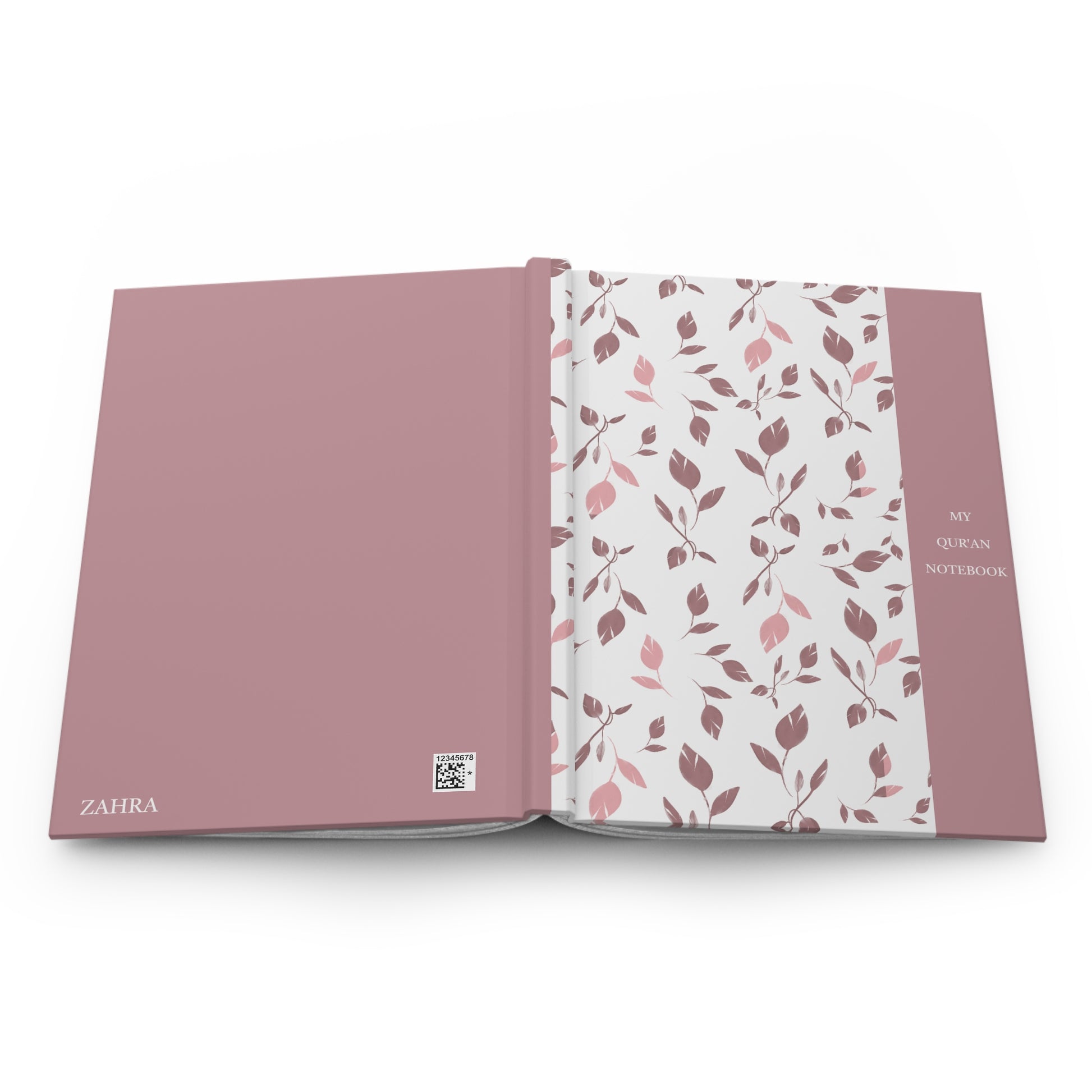Full product view of a Quran notebook with delicate leaf pattern and blush accent spine.