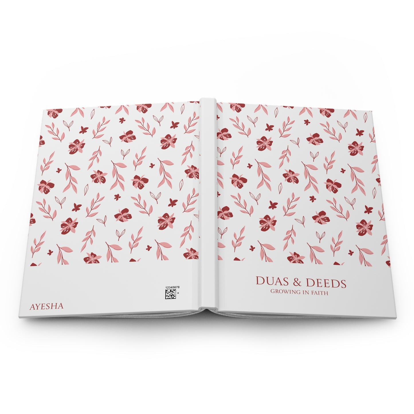 Full open layout of Duas & Deeds Muslimah journal with floral pattern displaying front and back covers together.