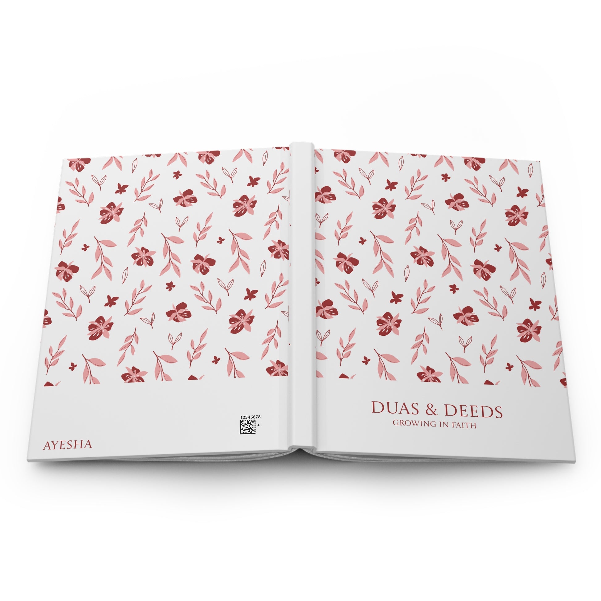 Full open layout of Duas & Deeds Muslimah journal with floral pattern displaying front and back covers together.