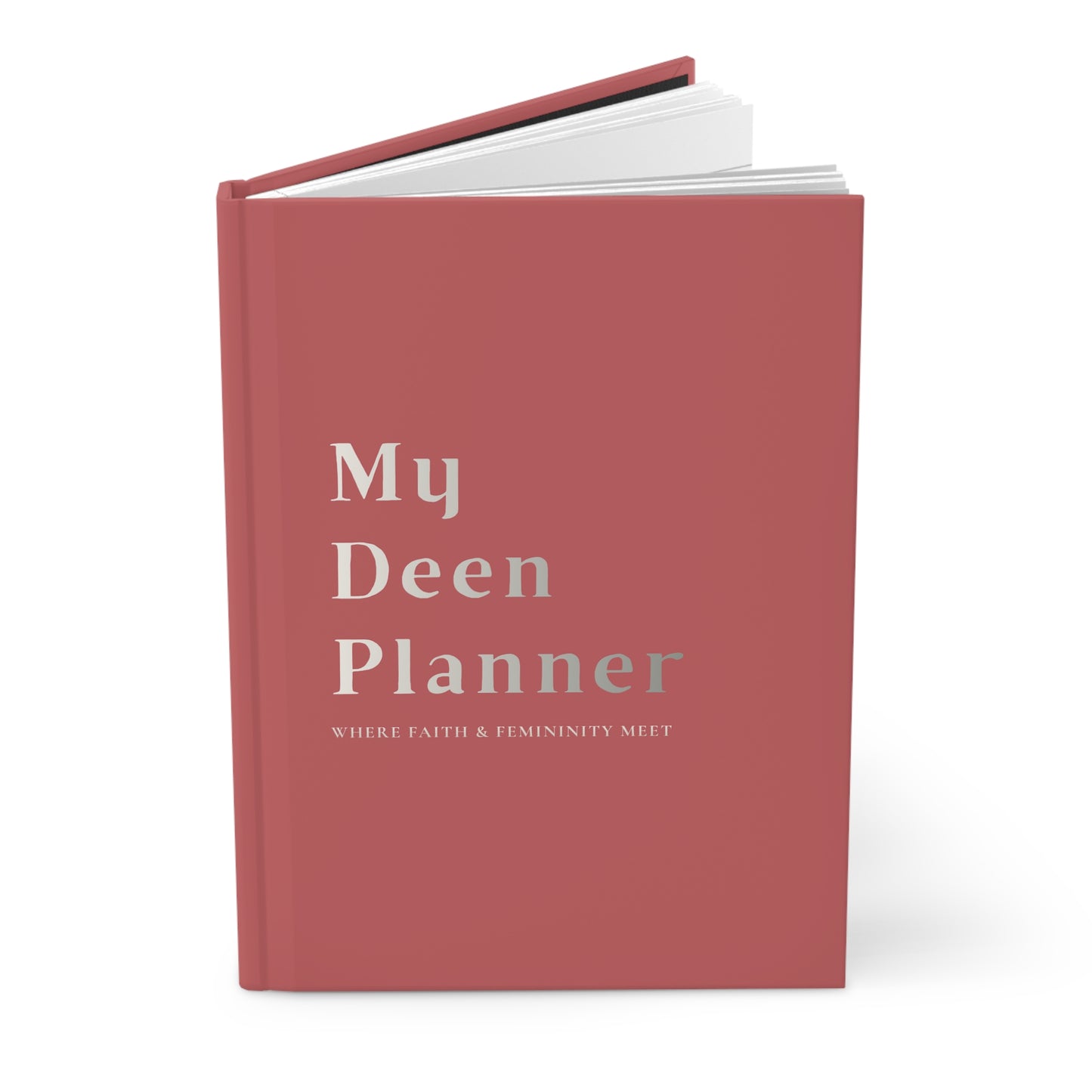 Angled view of "My Deen planner" with hardcover finish and minimalist text.