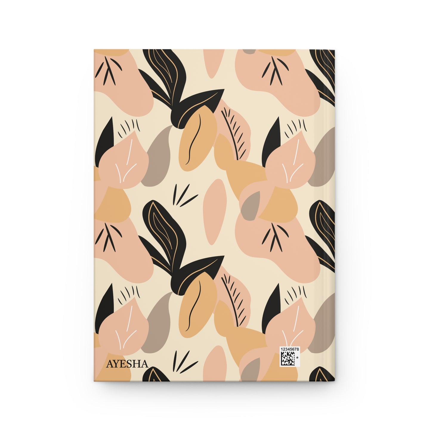 Back view of Dua journal featuring abstract leaf design with a  personalizable name.