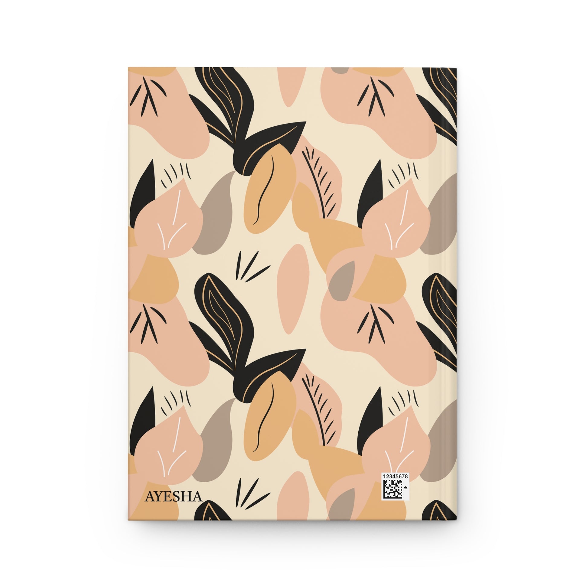 Back view of Dua journal featuring abstract leaf design with a  personalizable name.