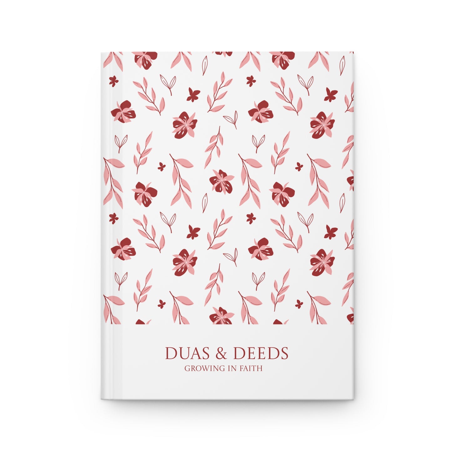 Personalized Muslimah journal with floral pattern and 'Duas & Deeds' text on a white background