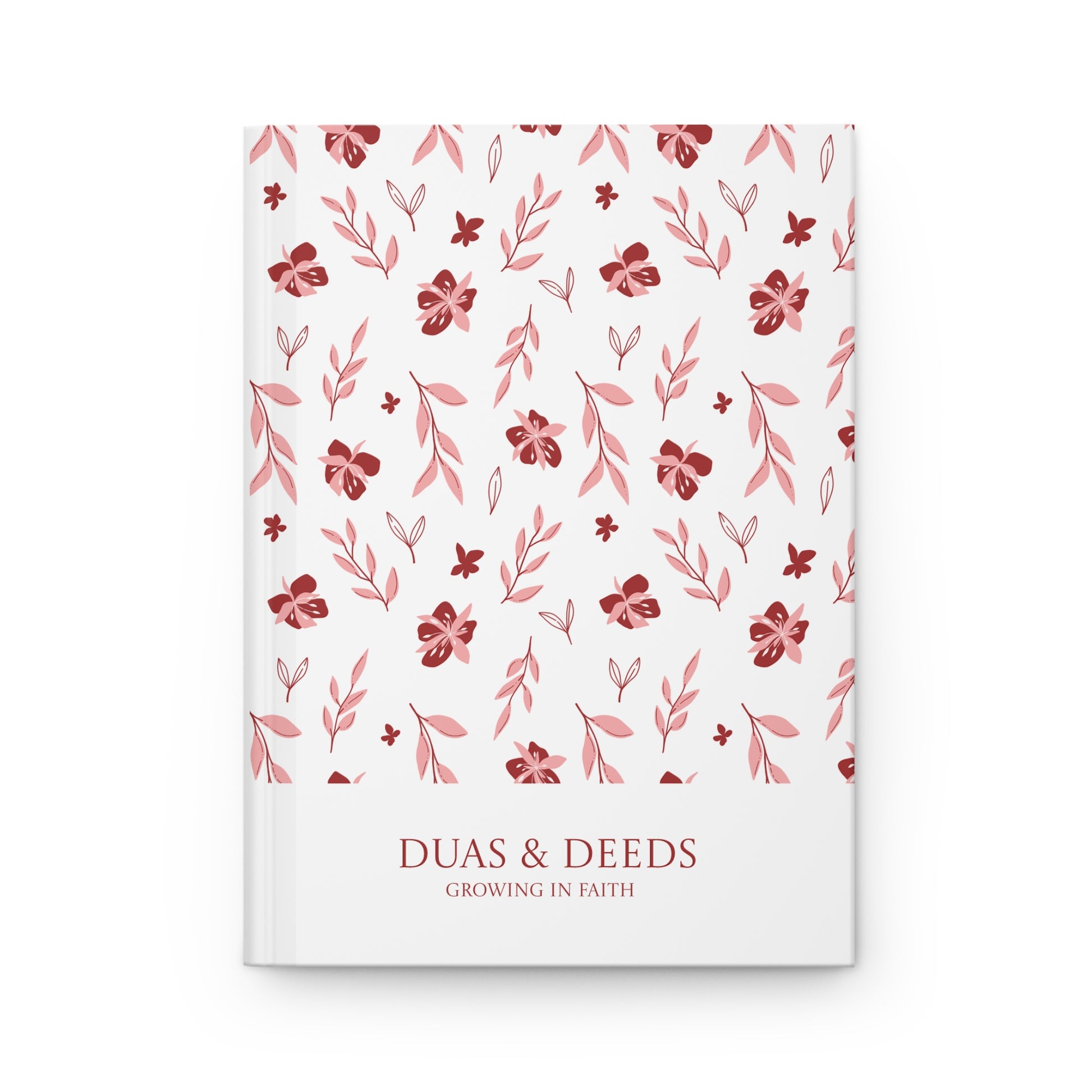 Personalized Muslimah journal with floral pattern and 'Duas & Deeds' text on a white background
