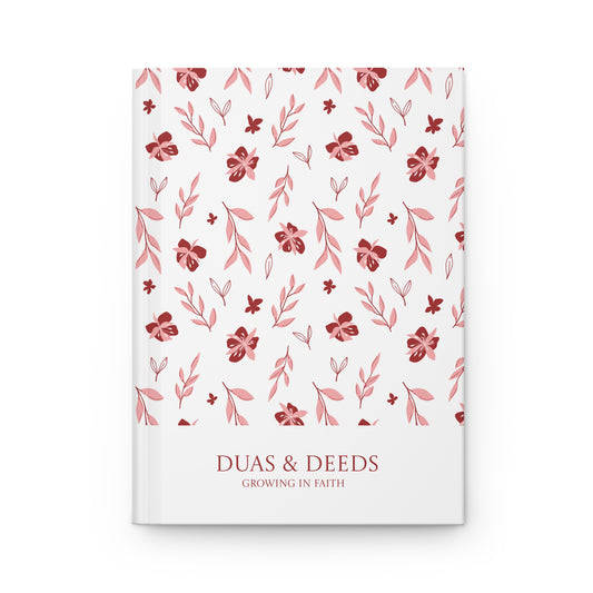 Personalized Muslimah journal with floral pattern and 'Duas & Deeds' text on a white background