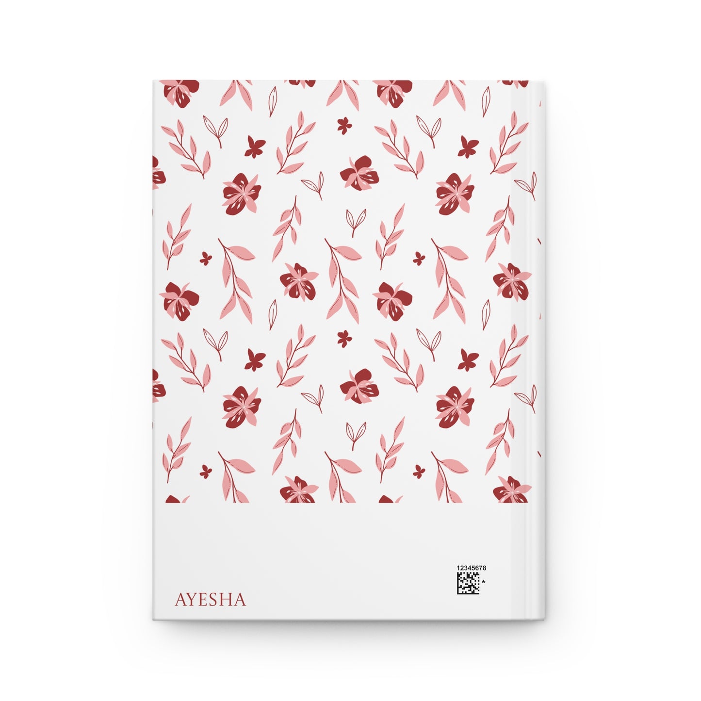 Floral patterned Muslimah journal with personalizable name 'AYESHA' on a white background