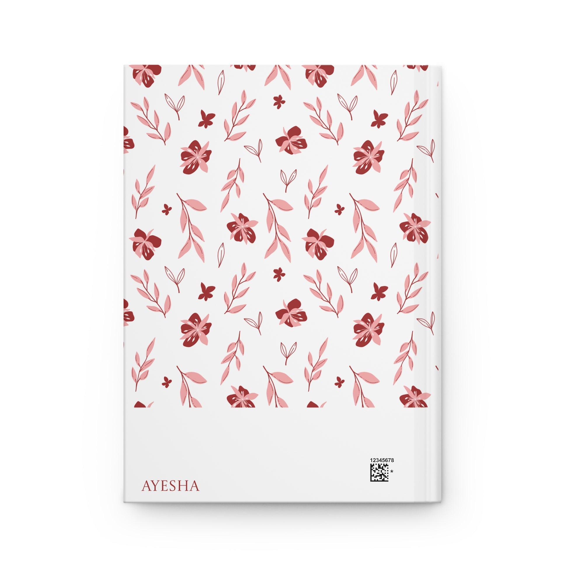Floral patterned Muslimah journal with personalizable name 'AYESHA' on a white background