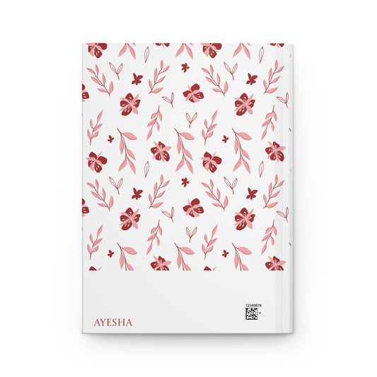 Floral patterned Muslimah journal with personalizable name 'AYESHA' on a white background
