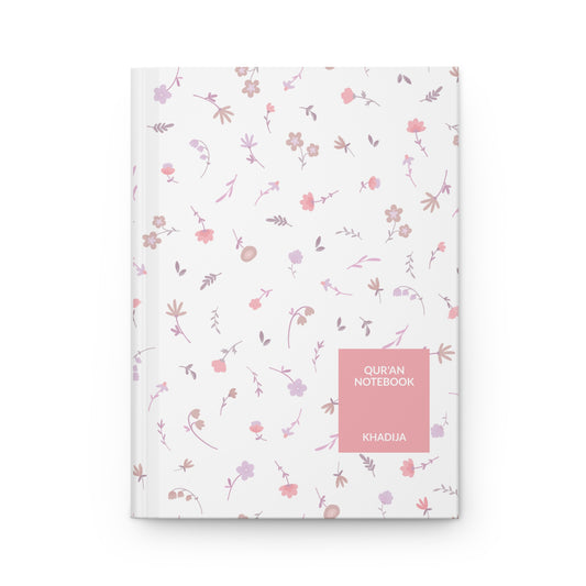 Front cover of a Quran notebook with soft floral pattern with a personalizable name "KHADIJA."