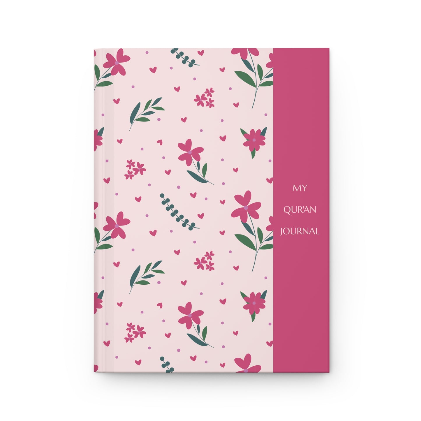 Floral design Quran journal with pink and green patterns on a white background