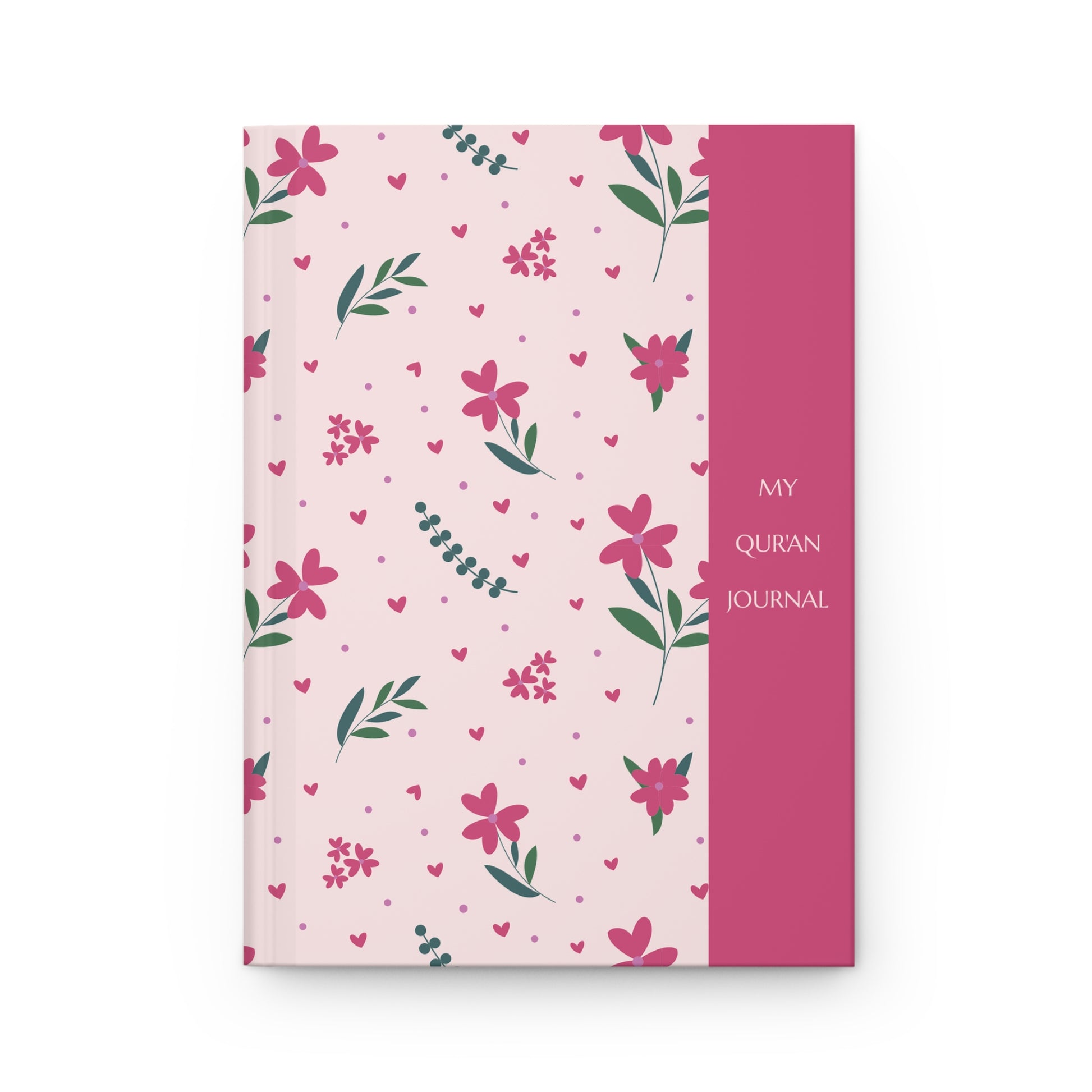 Floral design Quran journal with pink and green patterns on a white background