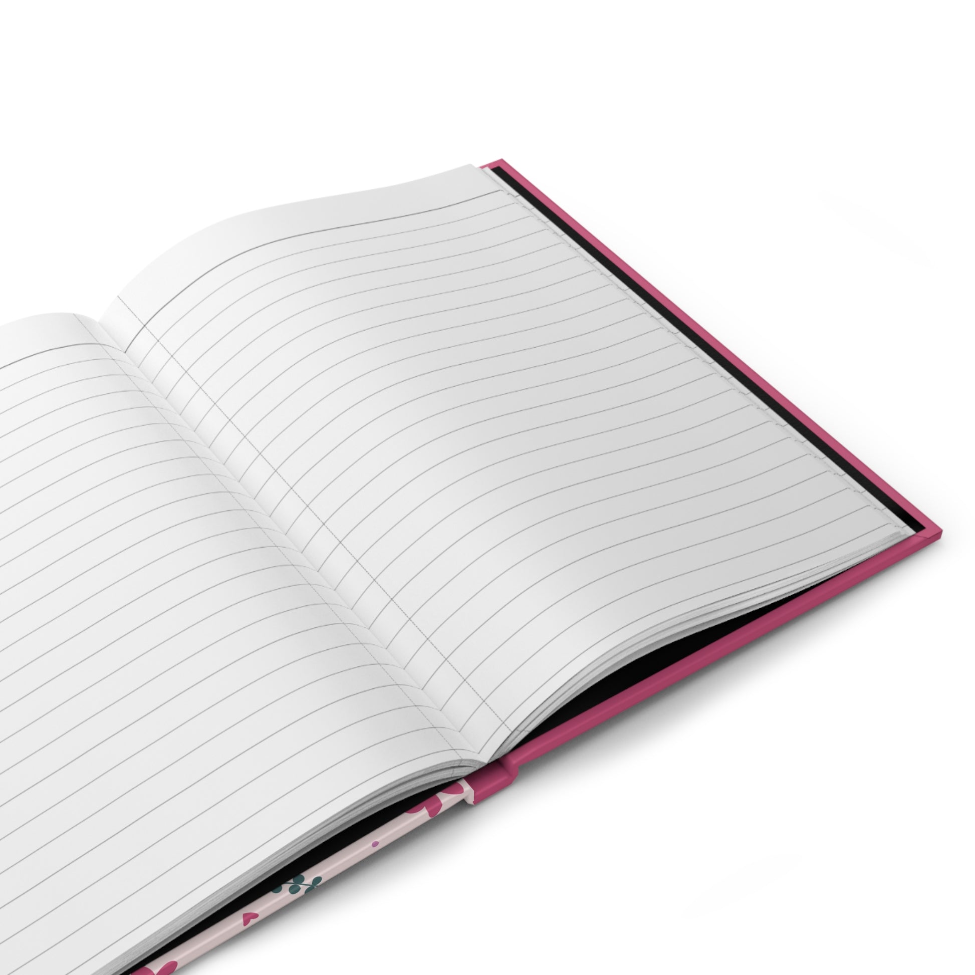 Open journal with ruled pages and pink binding on a white background