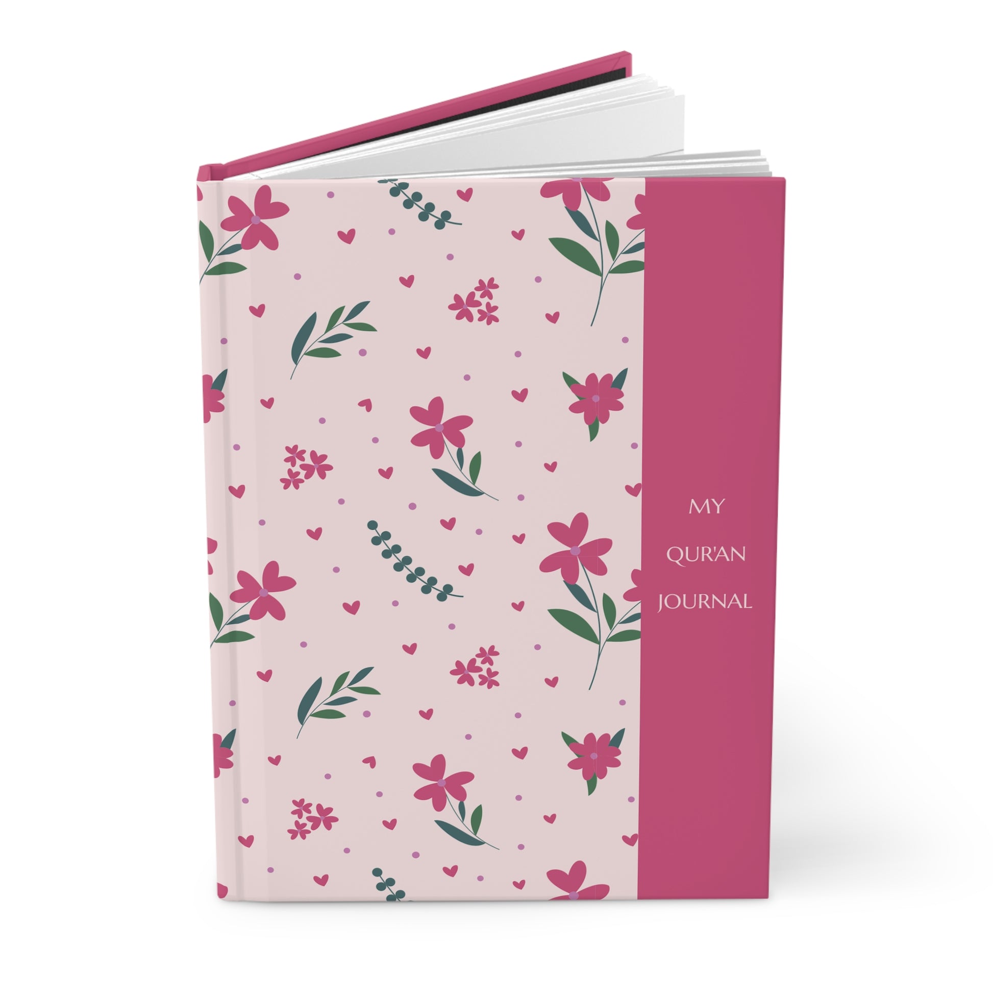 Floral design Quran journal with pink and green patterns on a white background