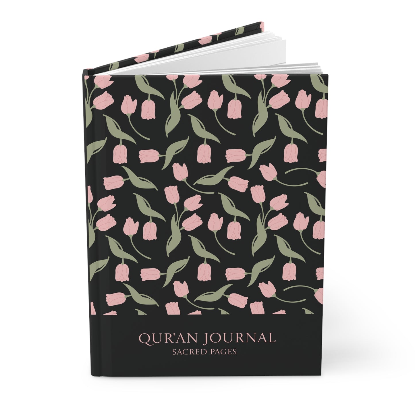 Angled view of a black Qur'an journal with pink floral tulip pattern and hardcover finish.