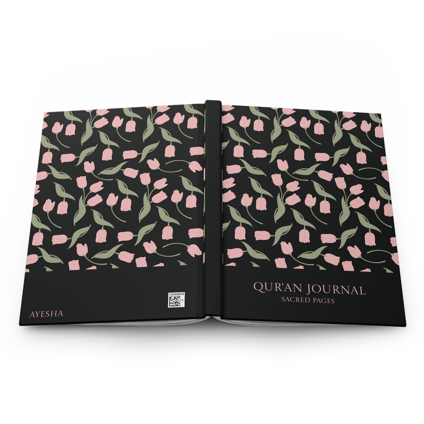 Full product view of a black Qur'an journal featuring pink tulips and sage leaves.