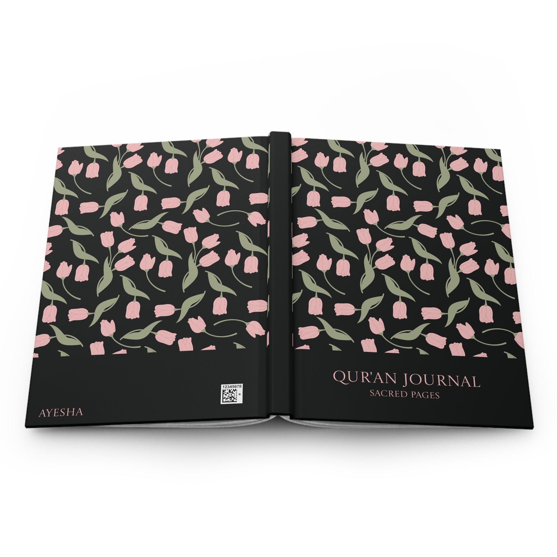 Full product view of a black Qur'an journal featuring pink tulips and sage leaves.