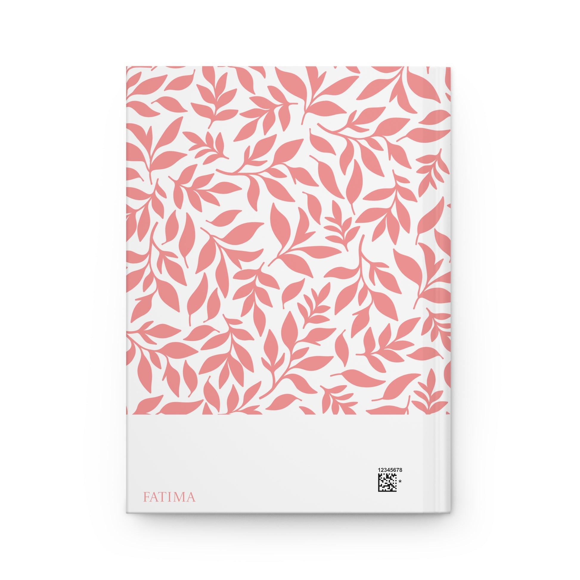Back view of Revert Muslim journal featuring coral hued leaf design with personalizable name Fatima.