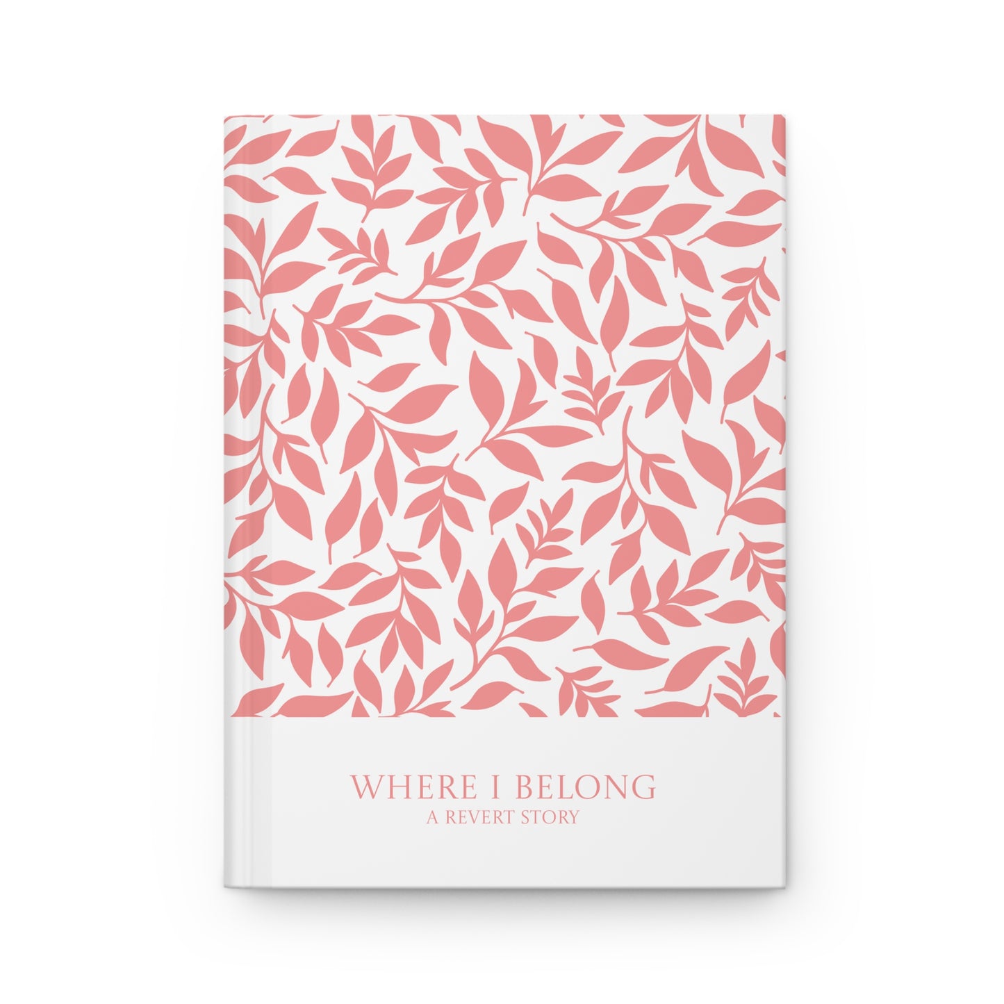 Personalized Revert Muslim journal with coral hued leaf design on front cover.